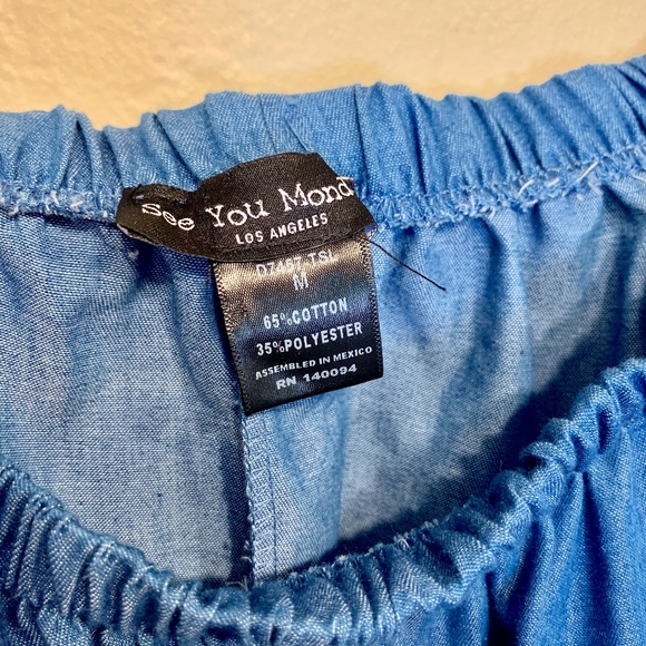 See you Monday | Chambray Denim Off Shoulder Tunic Dress with Rainbow Tassels - Picture 6 of 7